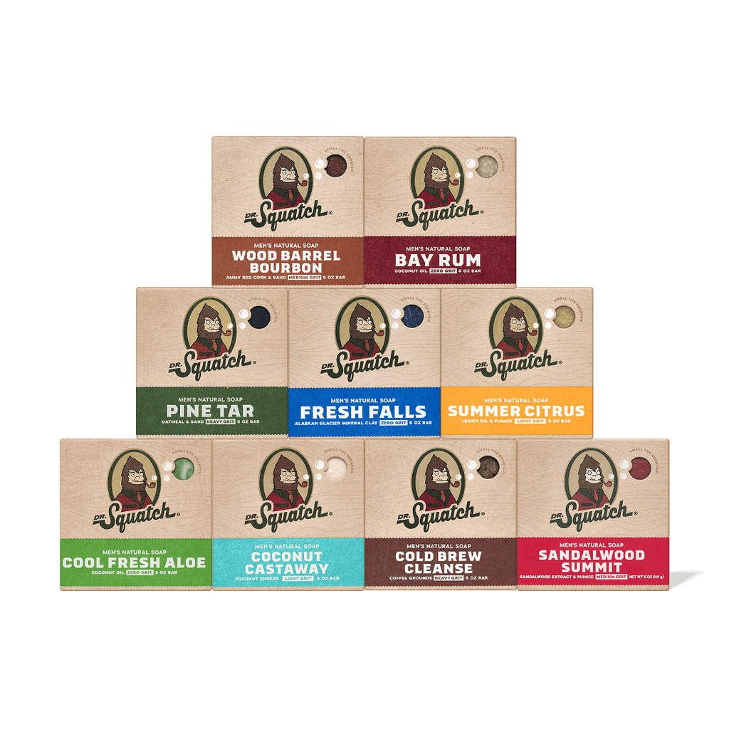 Dr. Squatch men's natural soap 9-pack bundle displaying nine bar varieties with color-coded labels and scent names.
