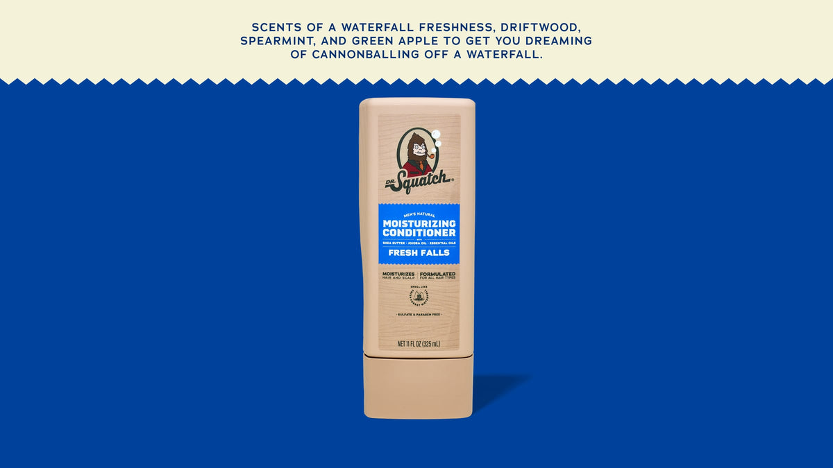 Brand and ingredient story panel for Dr. Squatch Fresh Falls Conditioner