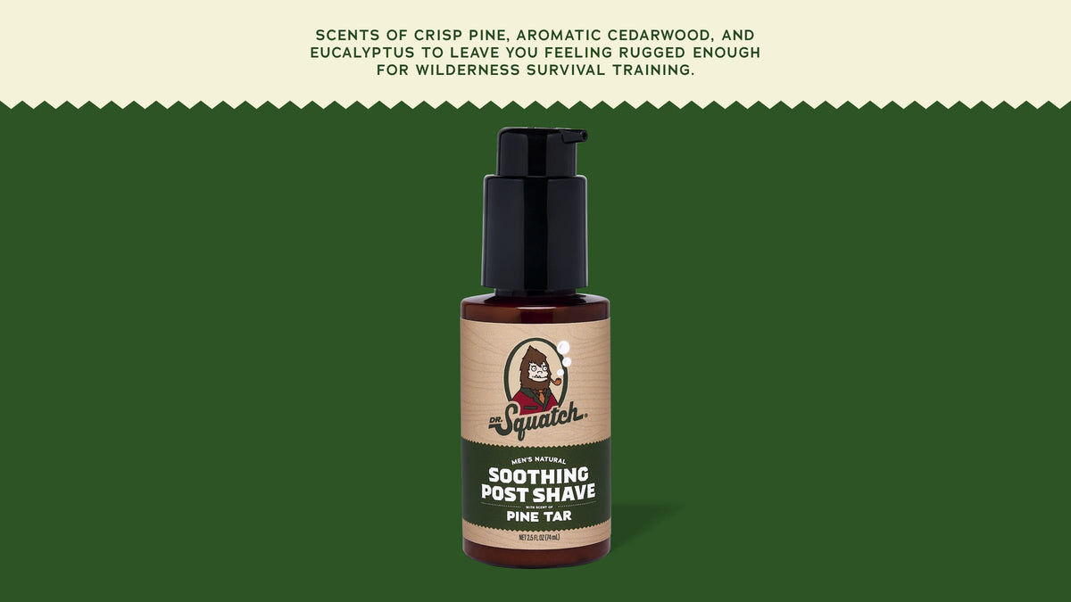 Brand and ingredient story panel for Dr. Squatch Soothing Post Shave Pine Tar post-shave product