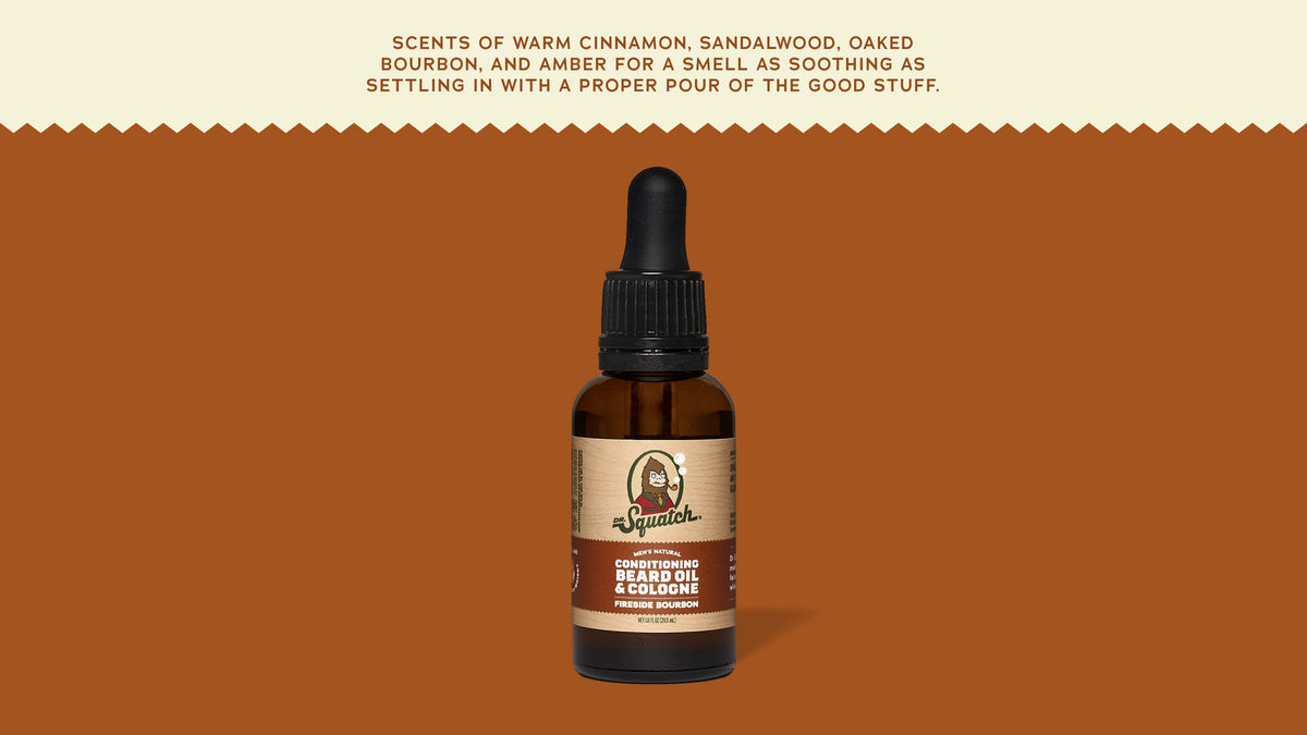 Brand and ingredient story panel for Dr. Squatch Conditioning Beard Oil & Cologne Fireside Bourbon