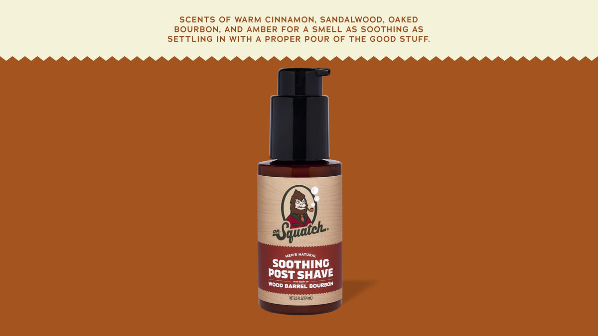 Brand and ingredient story panel for Dr. Squatch Soothing Post Shave Wood Barrel Bourbon post-shave product