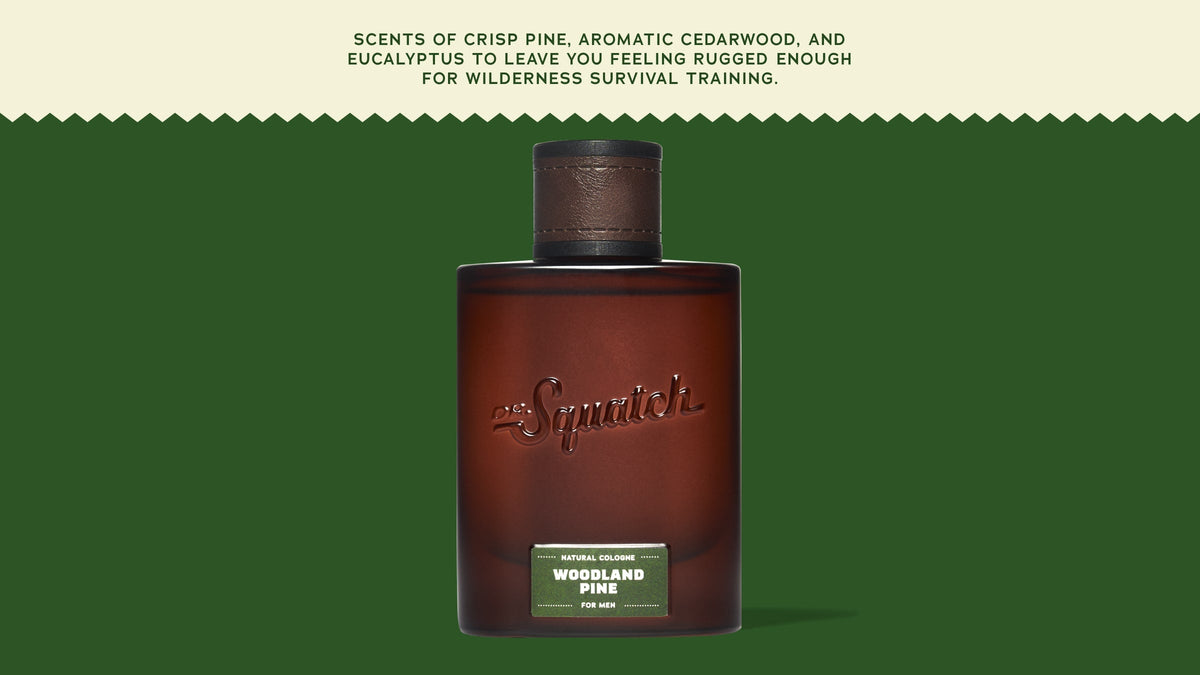 Brand and ingredient story panel for Dr. Squatch Woodland Pine Cologne
