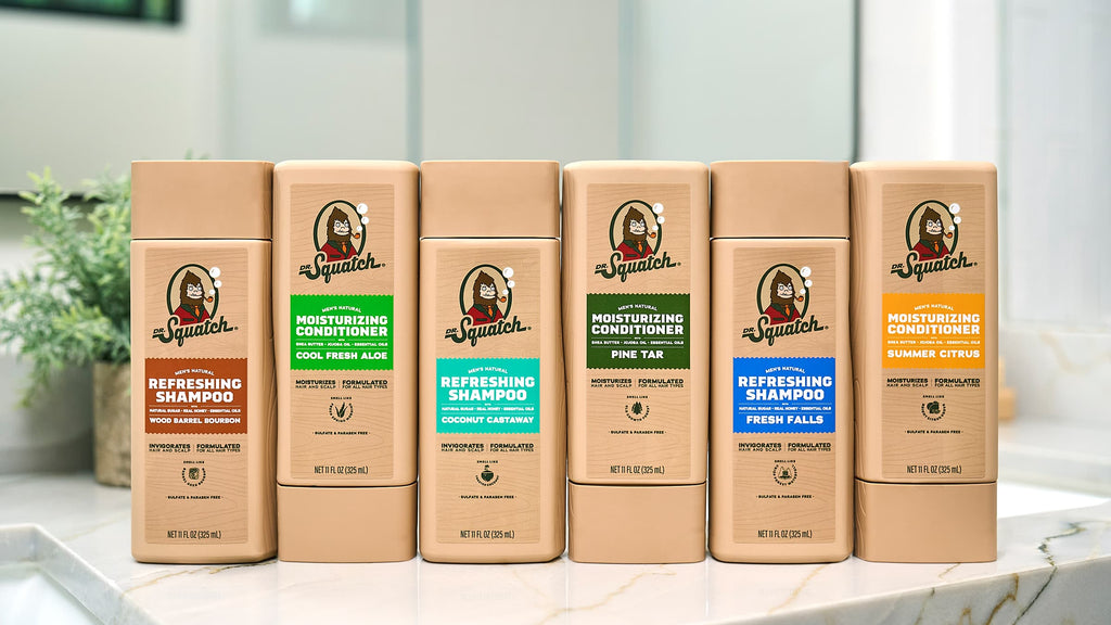 Lifestyle photo featuring Dr. Squatch Coconut Castaway Hair Care Kit gift set