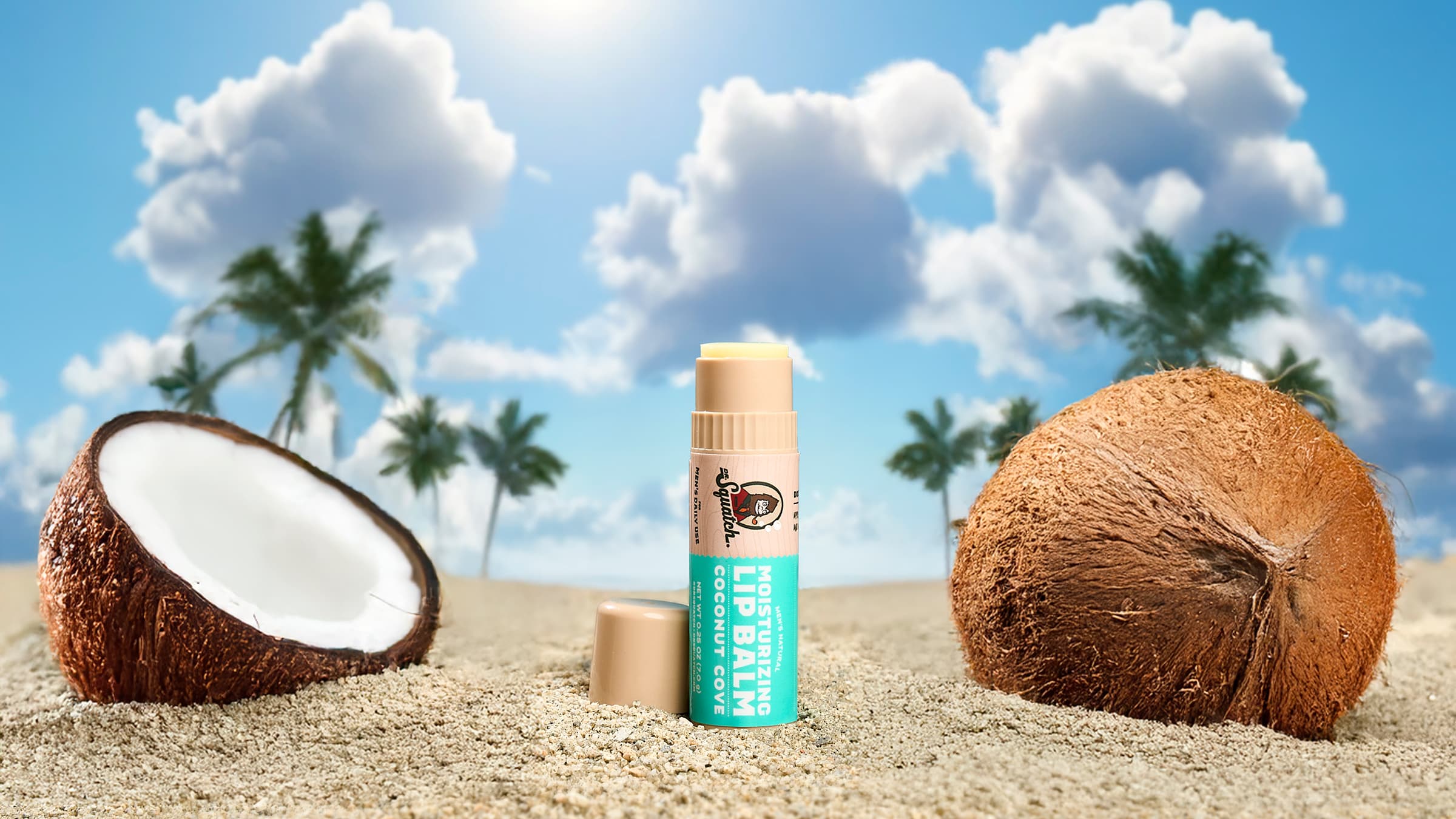 Lifestyle photo featuring Dr. Squatch Coconut Cove Lip Balm