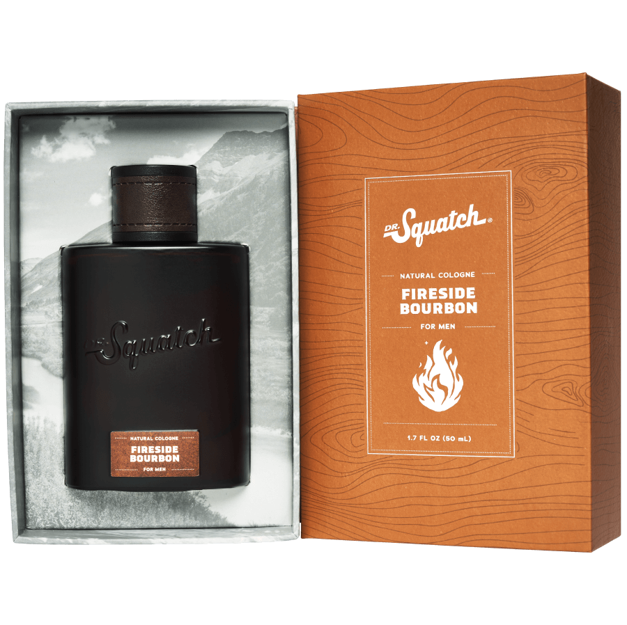 Promotional graphic for Dr. Squatch Fireside Bourbon Cologne with Free Deo!
