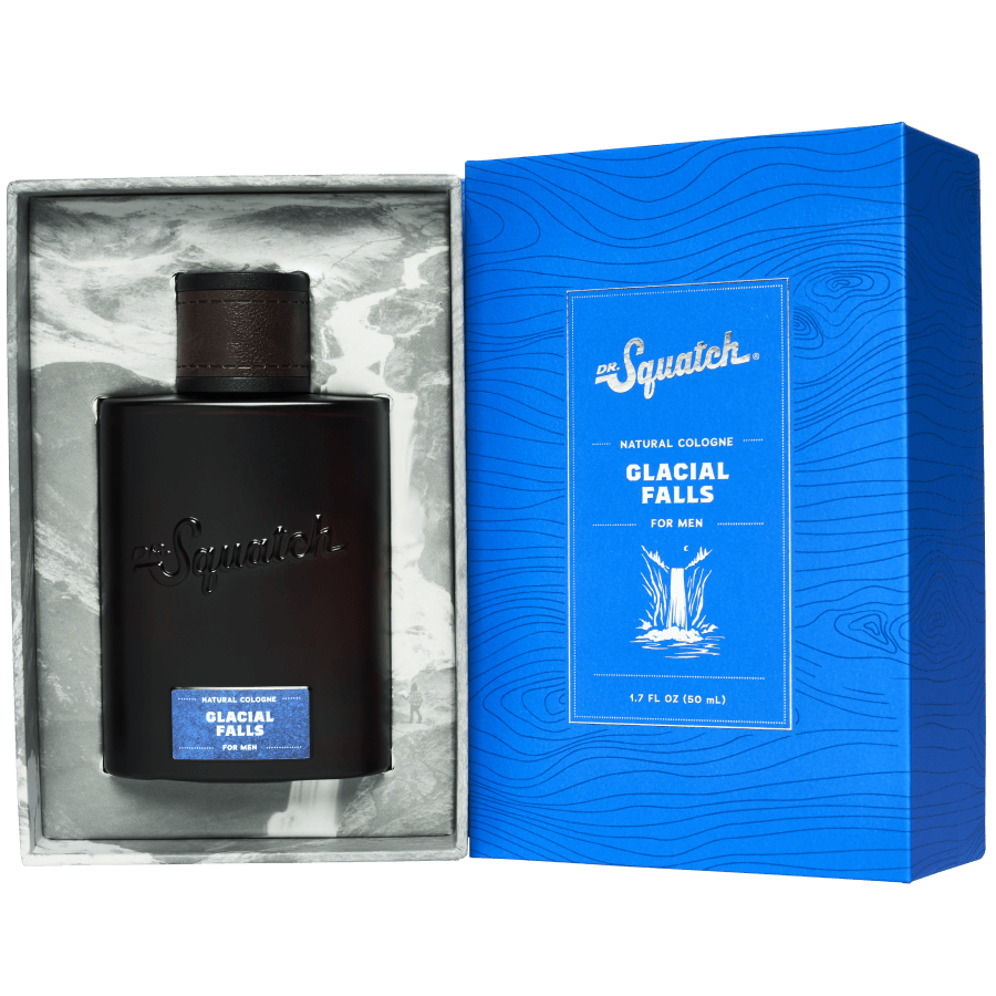 Promotional graphic for Dr. Squatch Glacial Falls Cologne with Free Deo!