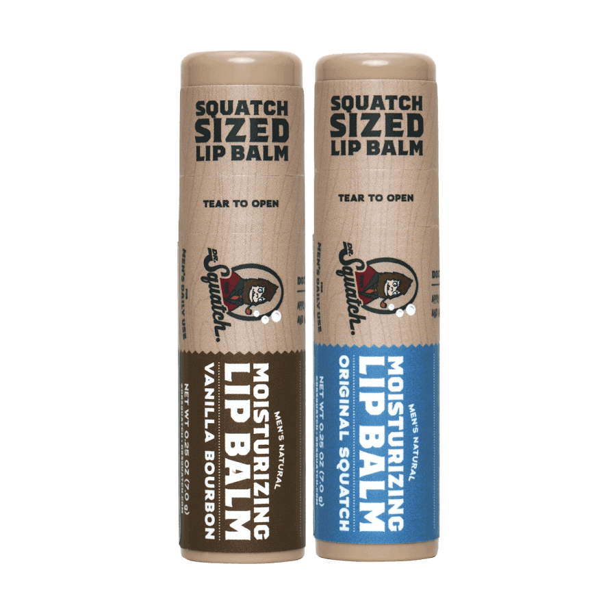 Promotional graphic for Dr. Squatch Lip Balm 2-Pack gift set